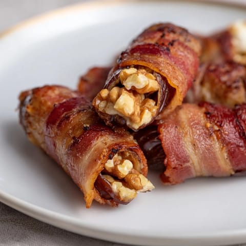Savory bacon-wrapped dates with a creamy cream cheese and walnut filling, perfect finger food bites.