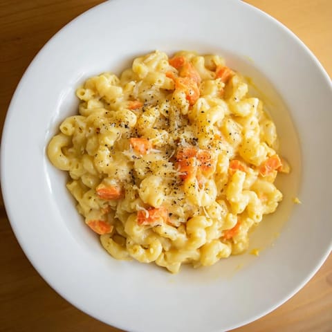 A close-up view of the creamy One-Pot Butternut Squash Mac & Cheese, rich and cheesy.