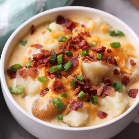 Imagine thick, warm Crockpot Loaded Baked Potato Soup, a rich blend of potatoes and cheese, offering cozy, delicious comfort.