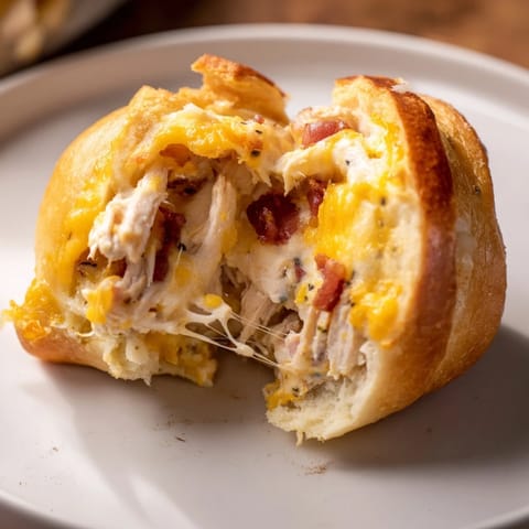 Close-up of baked cheesy chicken and bacon crescent rolls; crispy bacon and savory fillings displayed.