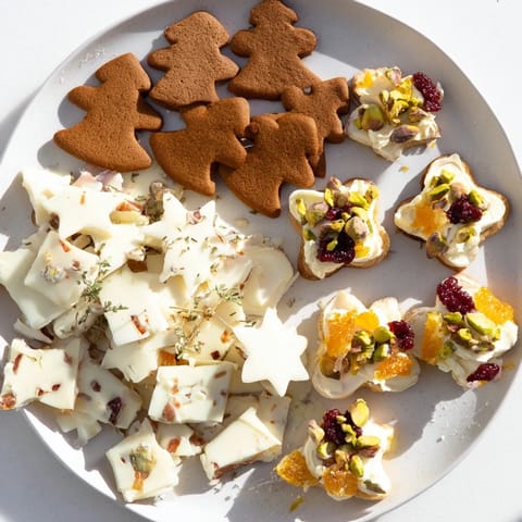 A platter of Festive Christmas Joy Trios, showcasing gingerbread cookies, bark, and savory tartlets.
