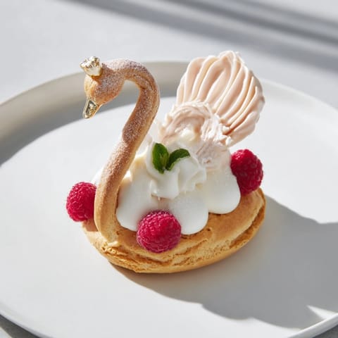 Elegant photo; Plateau Cygne Pâtisseries Aériennes on a platter, ready to be enjoyed with berries.