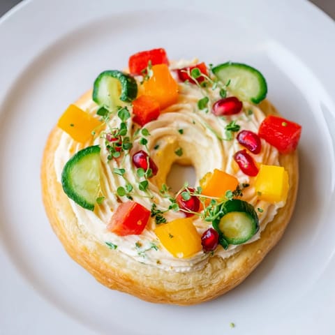 Mini savory tartlets, a beautiful wreath of pastry filled with creamy cheese and fresh veggies.