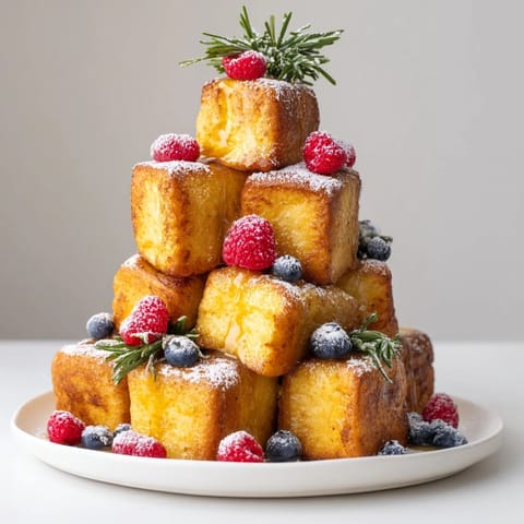 A festive holiday brunch scene: Stacked Eggnog French Toast Bites, coated in powdered sugar and berries.