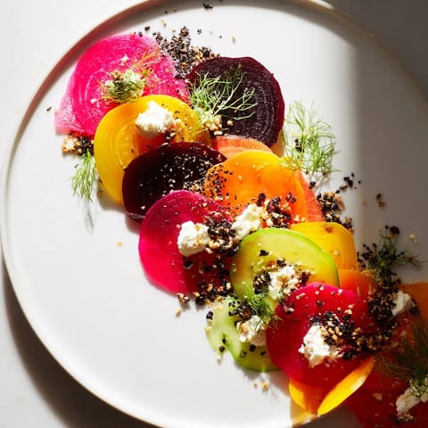 Visually stunning The Kinetic Motion Blur appetizer: a vibrant, artful arrangement with scattered microgreens.