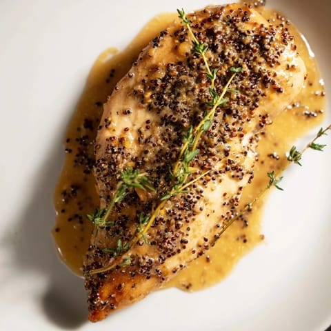 A spoonful of honey Dijon sauce ladled over tender chicken in the skillet, garnished with fresh parsley and a hint of rosemary for aroma.