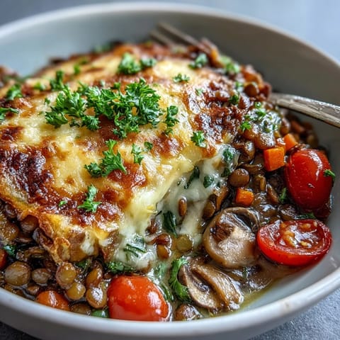 Hearty, veggie-packed Green Lentil and Vegetable Casserole, ready to serve.