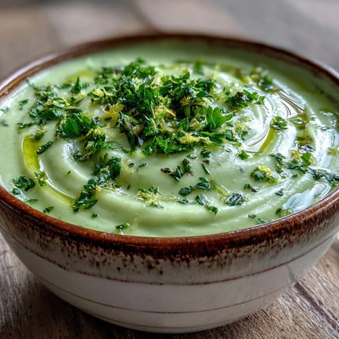 A white bowl of smooth Zucchini Soup, garnished with chopped parsley and basil, rests on a rustic wooden table.