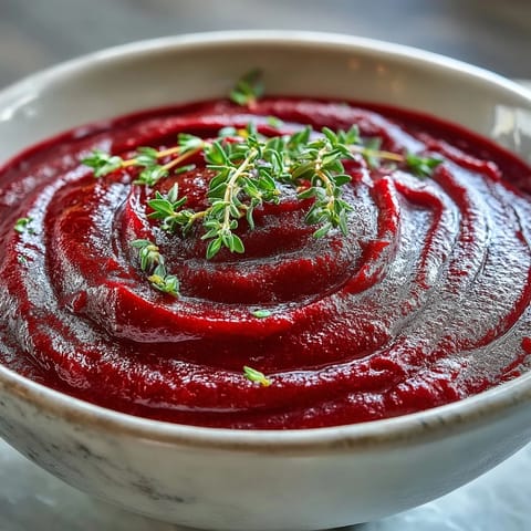 Creamy roasted beet soup served in a rustic bowl with crusty artisan bread on a slate surface.