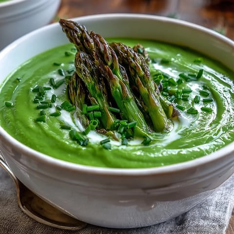 Smooth, blended asparagus soup garnished with tender green tips and fresh chives in a white bowl.