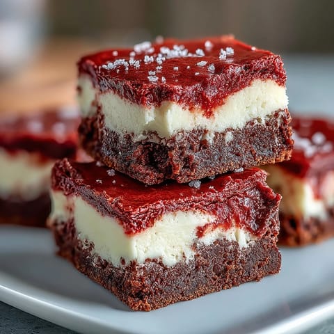 Close-up of Red Velvet Cheesecake Brownies showing rich red swirls and creamy cheesecake layers cut into squares.