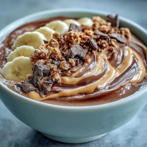 A nourishing Chocolate Peanut Butter Smoothie Bowl with creamy cocoa and peanut butter base, loaded with fresh banana slices and crunchy granola for a healthy breakfast.
