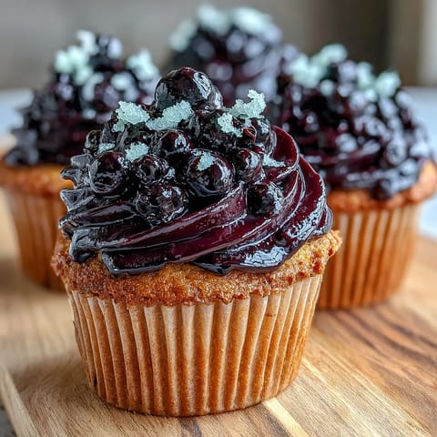 Twelve tender olive oil cupcakes with vibrant black currant frosting, garnished with lemon zest on a rustic serving platter.