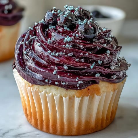 Silky Black Currant Frosting spread on a sliced layer cake reveals berry-rich crumbs and glossy swirls.