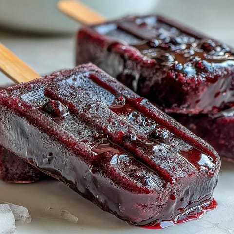 Freshly unmolded Black Currant Popsicles drip with purple juice, featuring visible whole blackcurrants and specks of lemon zest on a rustic wooden surface.