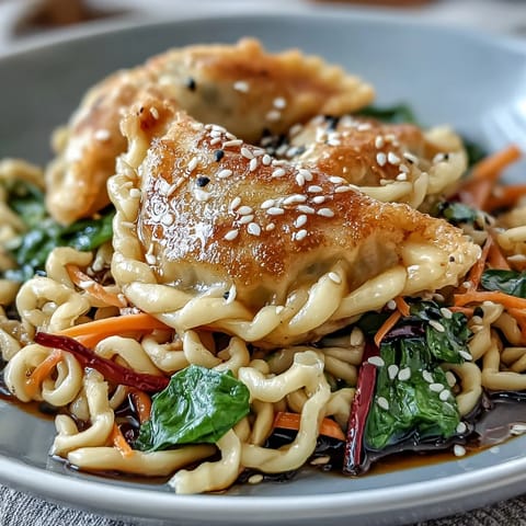 Glossy garlic soy sauce coats every noodle and steaming potsticker for a quick one-pan dinner.