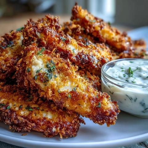 Tender chicken strips coated in a crunchy Parmesan and panko crust, baked until perfectly crisp.