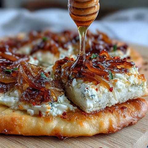 A close-up of Goat Cheese & Caramelized Onion Flatbread with bubbling cheese and caramelized onions.