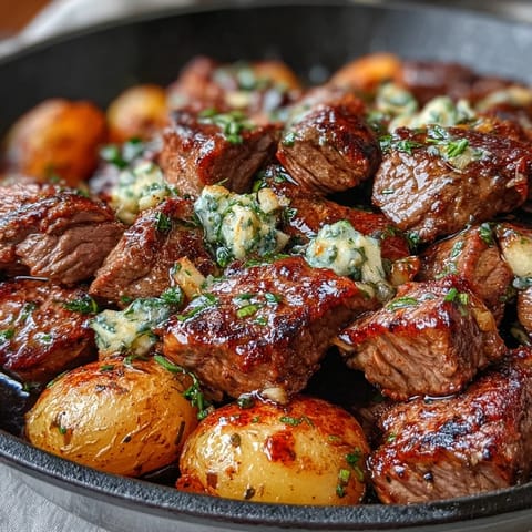 Sizzling steak bites and golden potatoes in Garlic Butter Steak & Potato Skillet served on a warm skillet topped with fresh parsley.