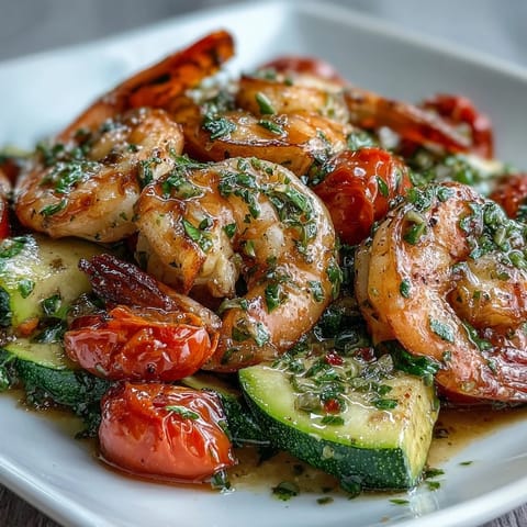 Golden-brown shrimp, tender zucchini, and blistered cherry tomatoes bathed in lemon butter sauce in a skillet.
