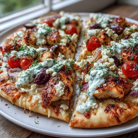 Golden, crispy naan crust topped with lemon-marinated chicken, crumbled feta, Kalamata olives, and cherry tomatoes, drizzled with creamy tzatziki sauce.