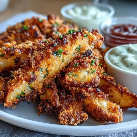 Golden-brown, crispy baked chicken parmesan fries arranged on a platter, ready for dipping into marinara and ranch.