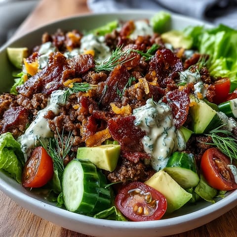 Keto bacon cheeseburger salad with avocado and pickles, topped with crispy bacon, juicy ground beef, and creamy cheddar cheese.