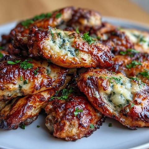 Golden baked chicken wings coated in rich garlic Parmesan butter, garnished with fresh parsley for a keto-friendly appetizer.  