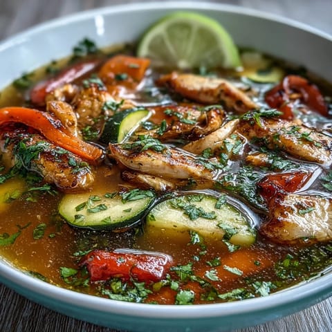 Colorful chicken fajita soup with tender zucchini, bell peppers, and spices, served in a rustic pot for a healthy Tex-Mex meal.  