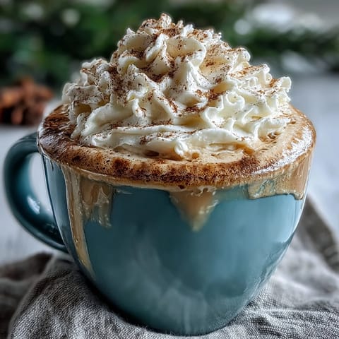 Cozy holiday beverage featuring aromatic black tea, ginger, cardamom, and nutmeg, served in a mug with a dollop of spiced cream.  