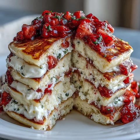 Fluffy cottage cheese strawberry protein pancakes topped with fresh berries for a healthy, protein-packed breakfast.  