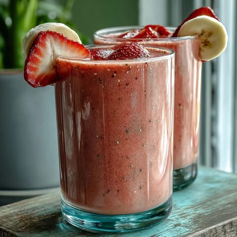 2. Thick and frosty strawberry banana protein smoothie, enriched with chia seeds and Greek yogurt, served in tall glasses for a nutritious morning treat.  