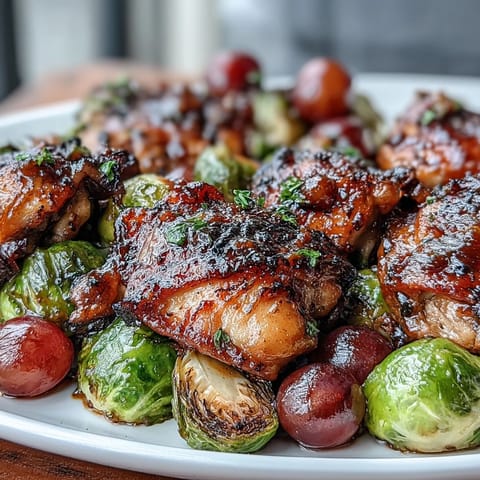 Sheet pan balsamic chicken with Brussels sprouts and grapes, a savory-sweet one-pan dinner with tender chicken and caramelized vegetables.  
