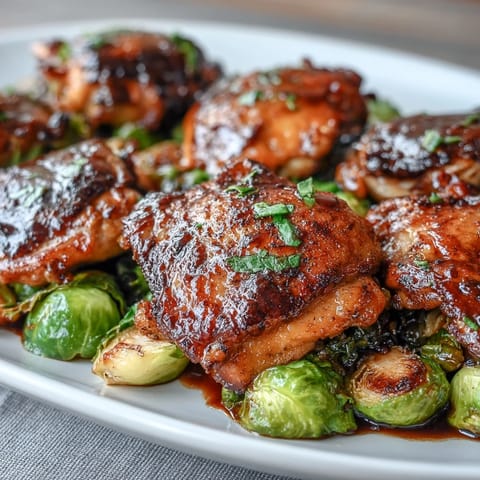 Roasted chicken thighs with balsamic glaze, Brussels sprouts, and juicy grapes for a flavorful and easy weeknight meal.  