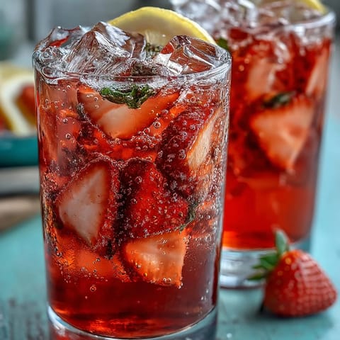 Bubbly non-alcoholic drink featuring fresh strawberries, zesty lemon juice, and sparkling water, served over ice with lemon garnish for a festive touch.