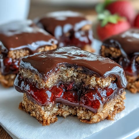 Delicious chocolate-dipped strawberry oat bars with chewy layers of oats, strawberry jam, and rich melted chocolate coating.  