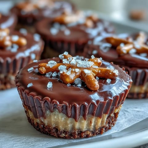 Salty pretzel base topped with creamy peanut butter and rich chocolate in these homemade cups.  