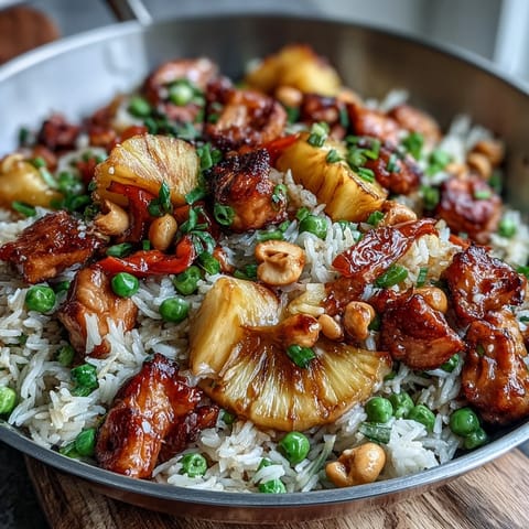 Tropical Hawaiian Pineapple Chicken Fried Rice with juicy pineapple chunks and tender chicken in a colorful, savory stir-fry.  
