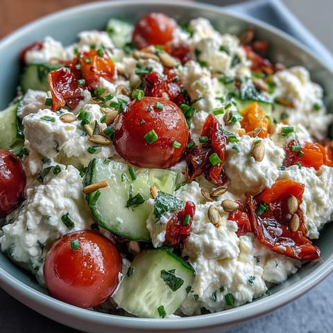 Creamy cottage cheese topped with crisp cherry tomatoes, cucumber, and bell peppers for a refreshing breakfast.  