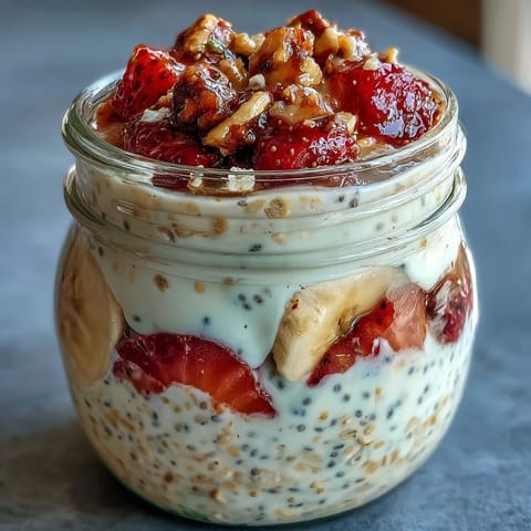 Strawberry banana overnight oats with chia seeds, layered with Greek yogurt and maple syrup in a glass jar.