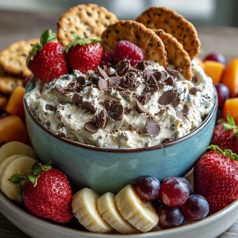 Creamy cottage cheese cookie dough dip with chocolate chips served alongside fresh strawberries and apple slices for a healthy dessert.  