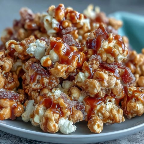 A bowl of caramel candy apple popcorn mix, with crunchy popcorn coated in buttery caramel, colorful candies, and dried apple pieces.
