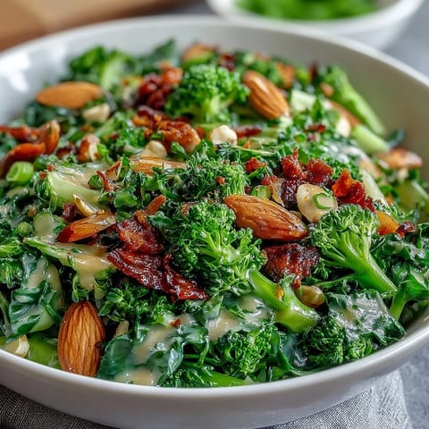 Spring Green Salad with Honey Mustard and Almonds, featuring crisp greens, snap peas, and toasted almonds in a tangy dressing.