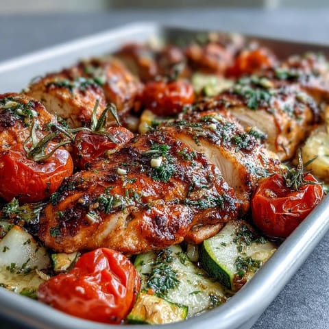 Spring sheet pan chicken with zucchini and cherry tomatoes—a vibrant, easy one-pan meal perfect for weeknights.  