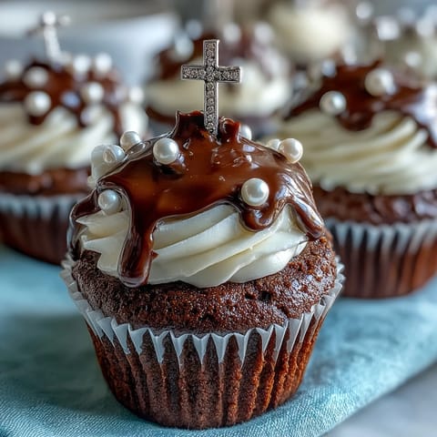 Adorable mini cupcakes with smooth buttercream and delicate fondant rosary toppers, perfect for First Communion celebrations.