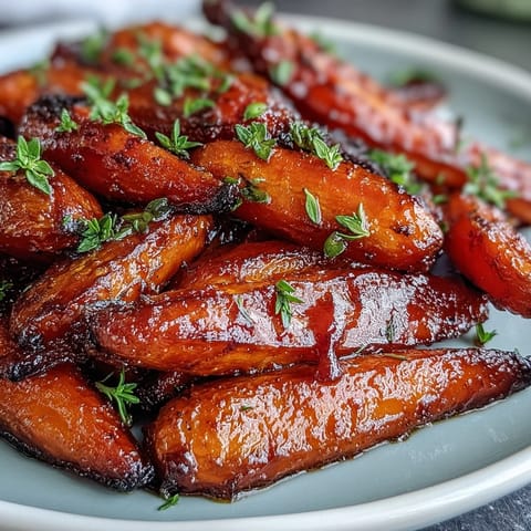 Honey Glazed Roasted Carrots with Thyme—tender carrots caramelized to perfection with a glossy honey glaze and fresh thyme.