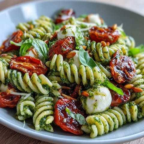 Vibrant summer pasta salad with pesto, cherry tomatoes, and mozzarella, perfect for picnics and warm-weather dining.