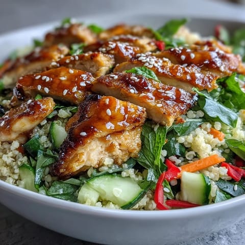 Freshly grilled chicken slices rest atop fluffy pearl couscous and vibrant veggies, drizzled with a sesame ginger dressing.