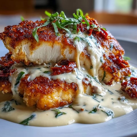 Creamy Marry Me Chicken with sun-dried tomatoes and garlic, served in a skillet with fresh basil garnish.
