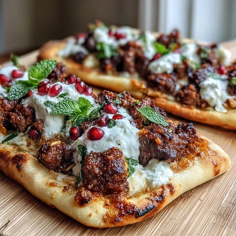 Warm spiced lamb and pomegranate-topped flatbread pizza with creamy yogurt and fresh mint, perfect for a flavorful appetizer or main dish.